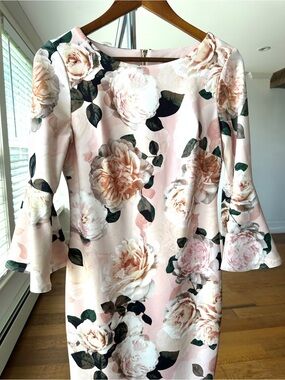 Calvin Klein Floral Shift Dress, Midi, Bell Sleeves, in Blush Pink